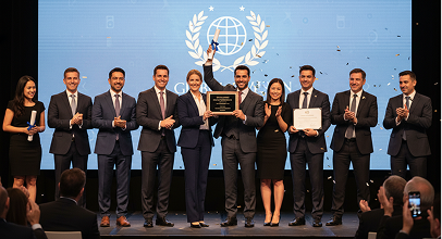 The team receiving the ICC social impact award on stage