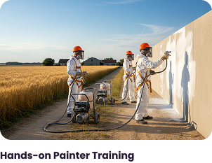 Painters in protective gear during hands-on spray training