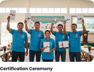 Trainees holding certificates at a certification ceremony