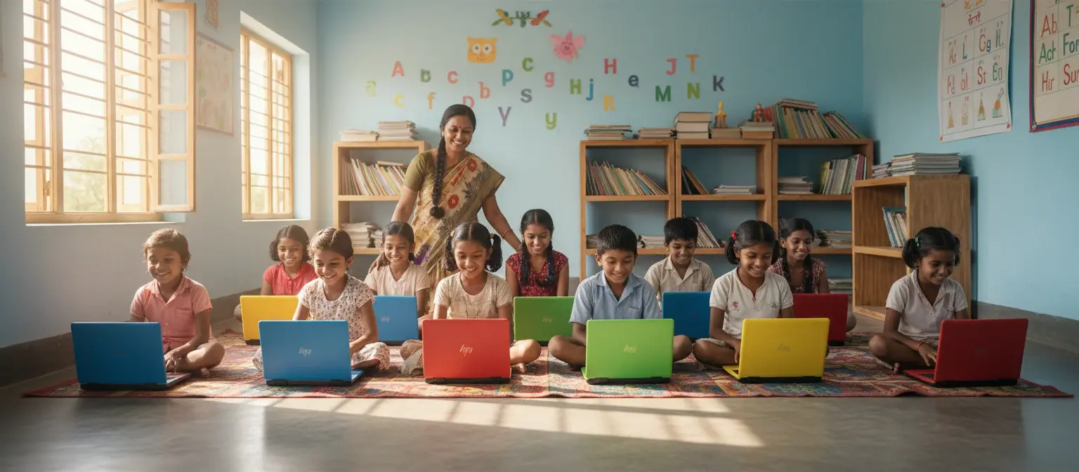 Children using laptops in a rural classroom