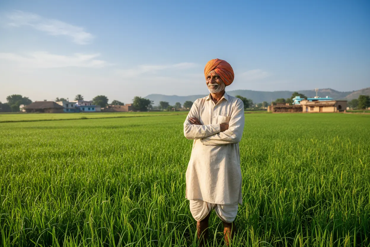 Farmer standing in a green paddy field