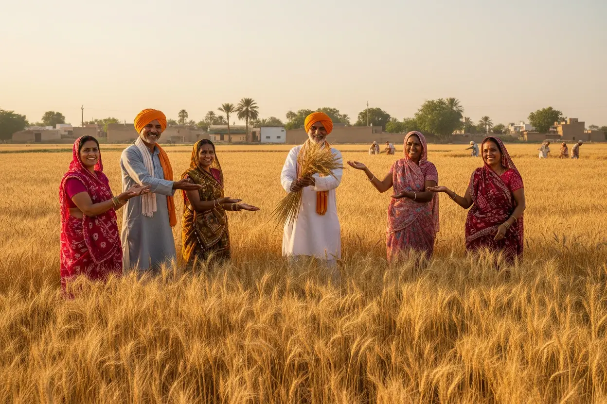 ENEST livelihood team with farmers in a wheat field at harvest