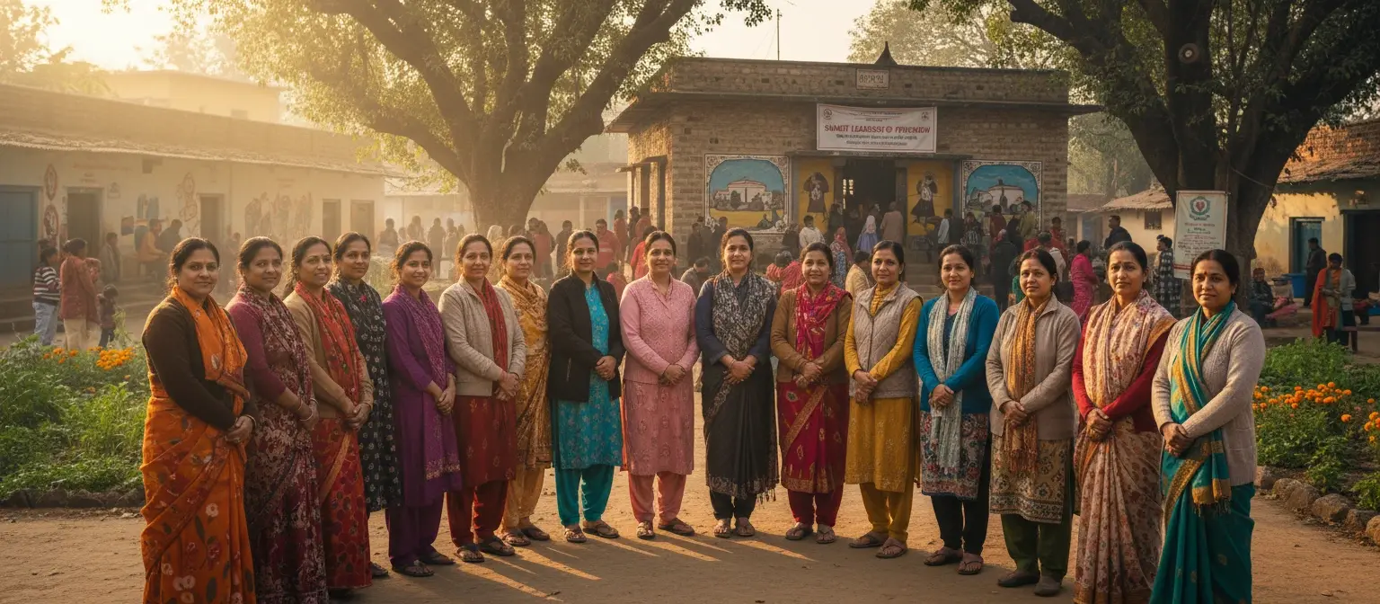 Rural women standing together outside a community centre