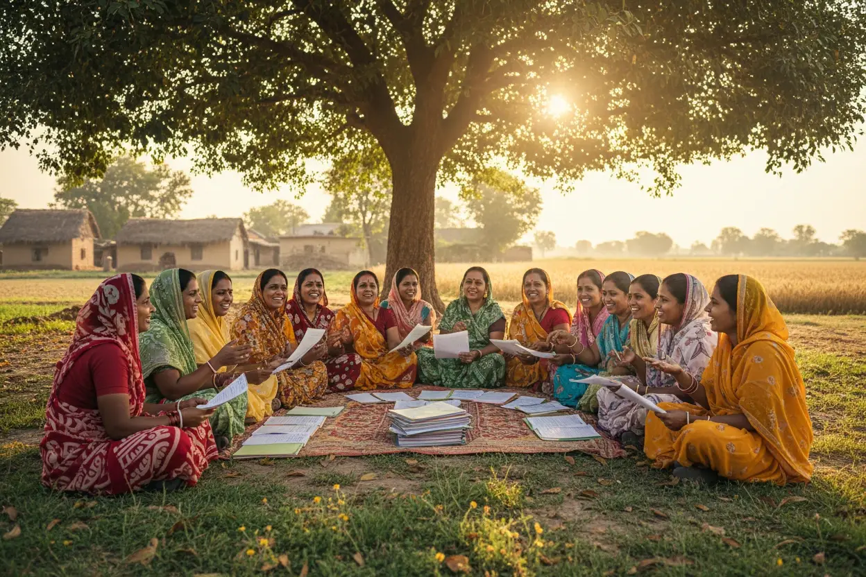 Women seated in a circle during a self-help group meeting