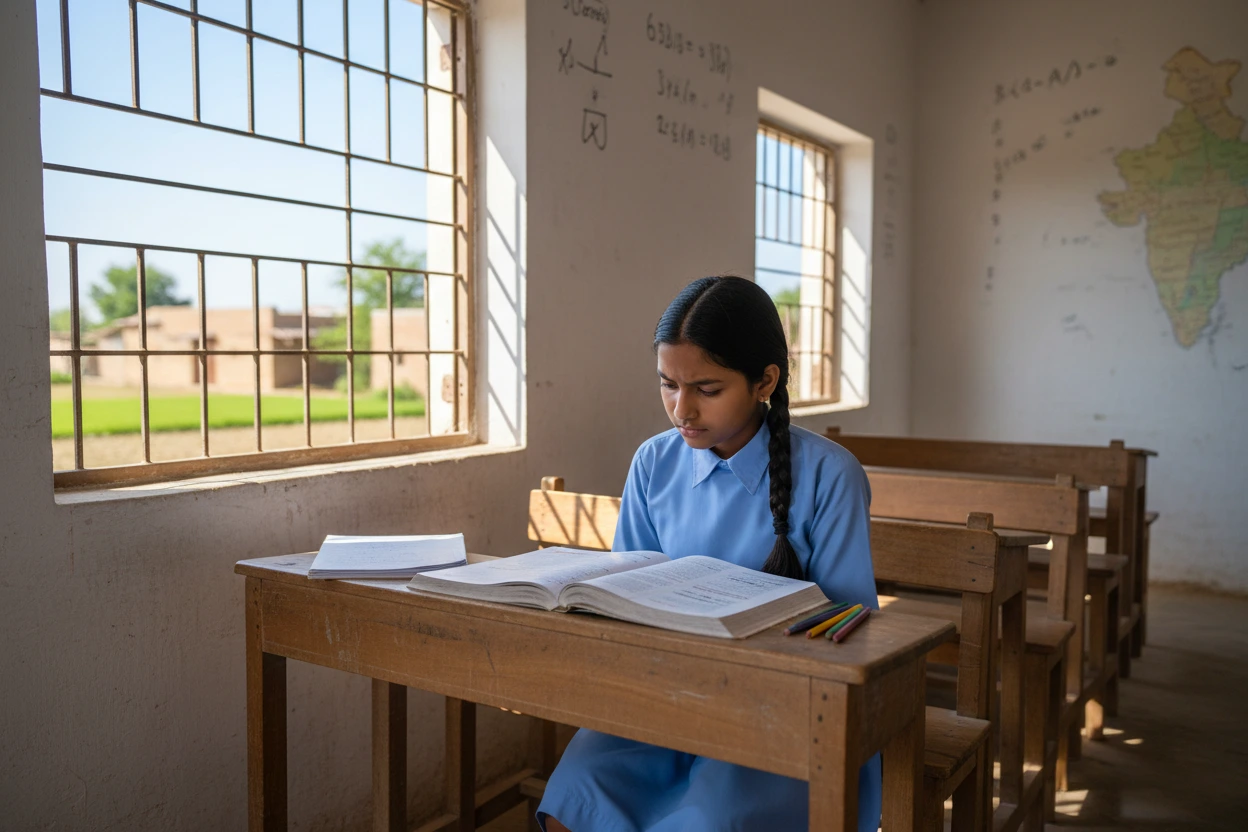 Girl studying at a desk in a rural classroom