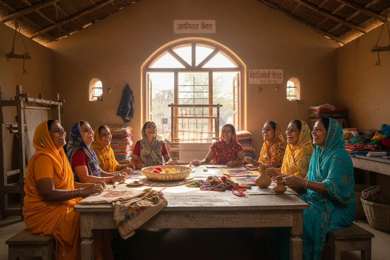 Women gathered around a table at a self-help group meeting