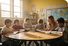 Children studying at desks in a rural classroom