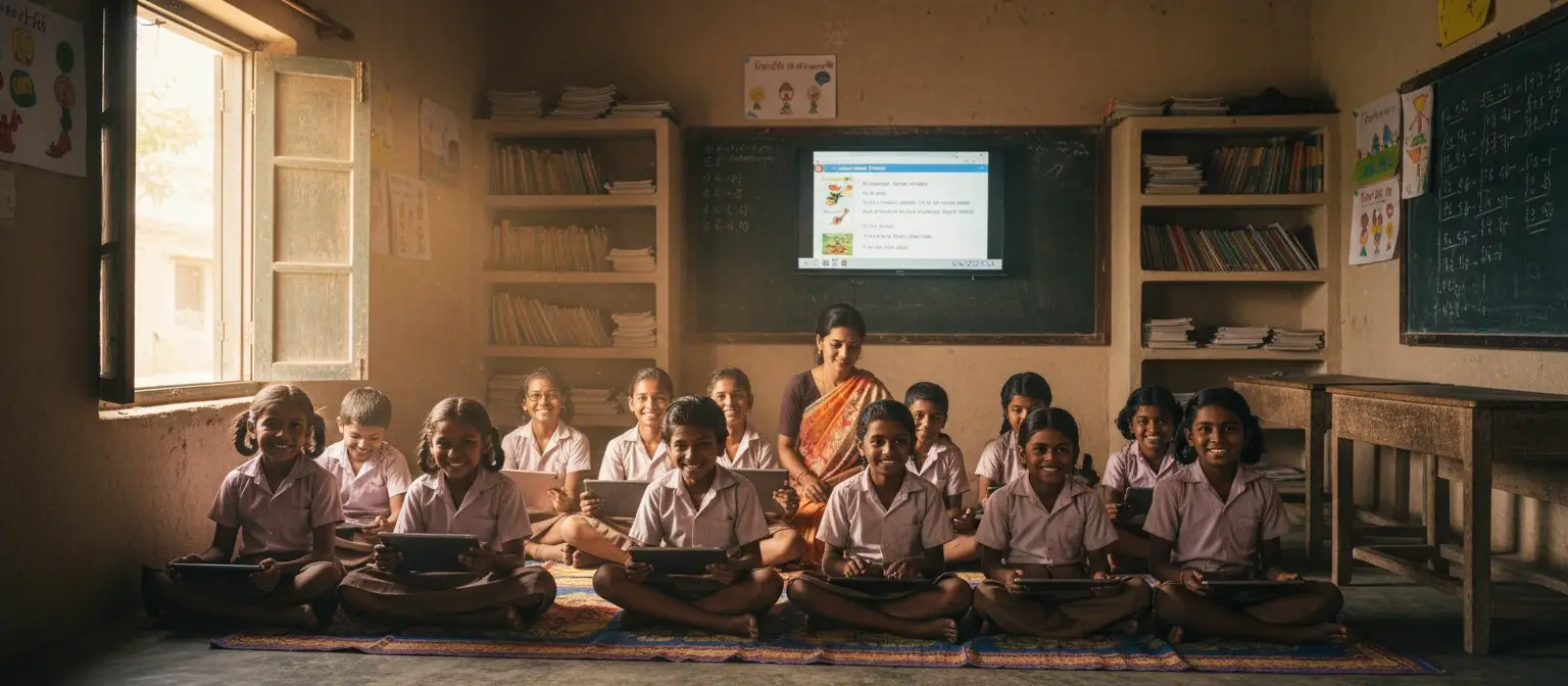 Schoolchildren using tablets on the floor of a village classroom