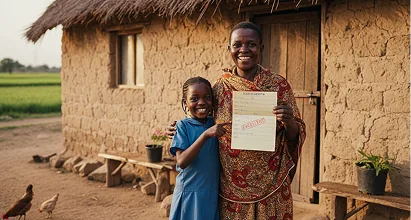 A mother and daughter holding an enrolment certificate outside their home