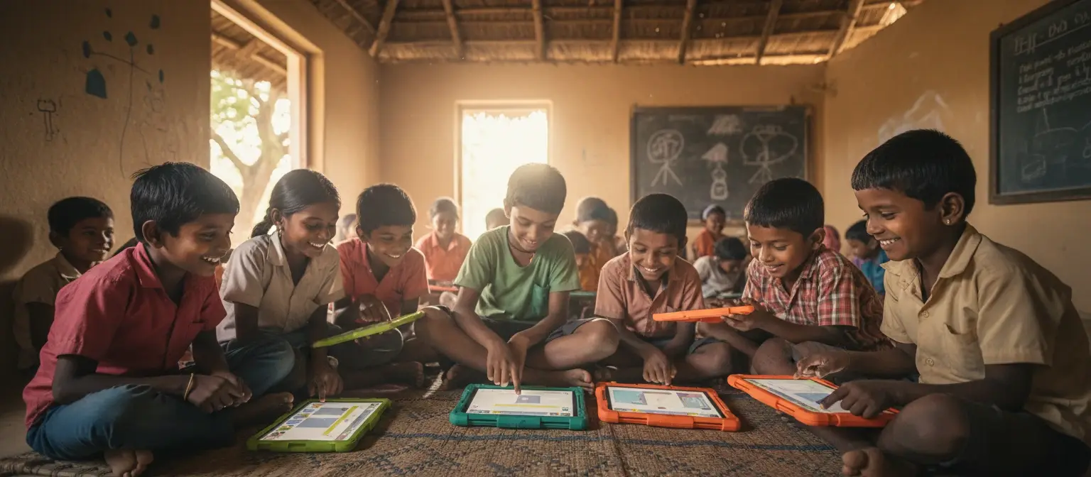 Children using tablets together on the floor of a village classroom