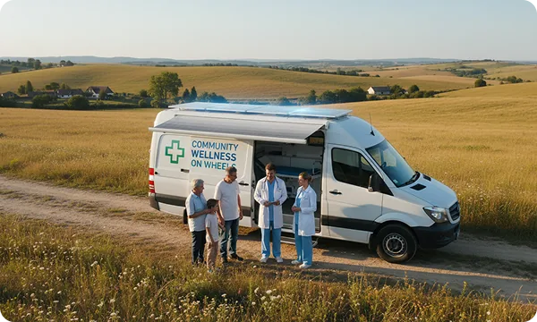 Medical team standing beside a Community Wellness on Wheels van on a rural road